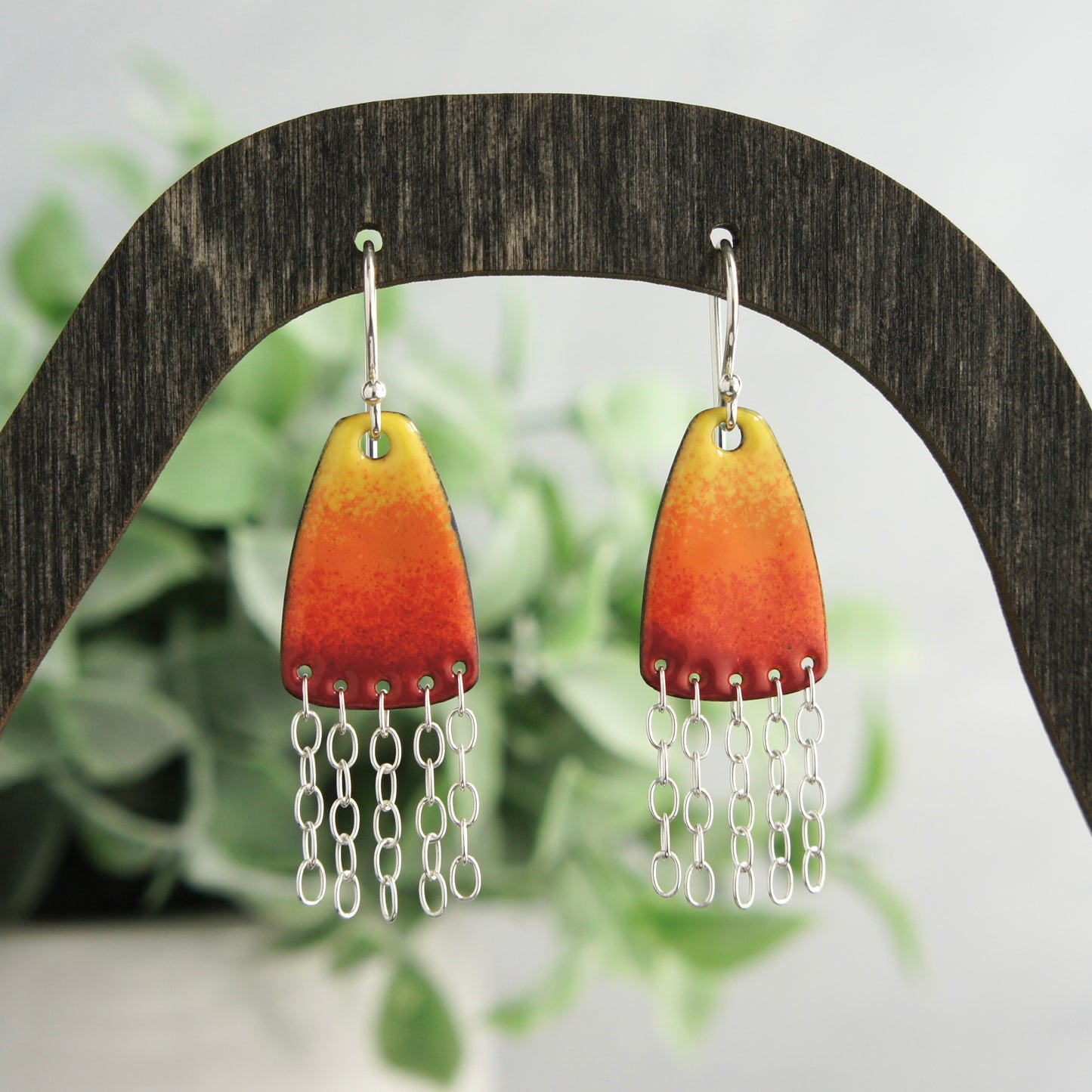 Enamel Earrings with Chain Fringe