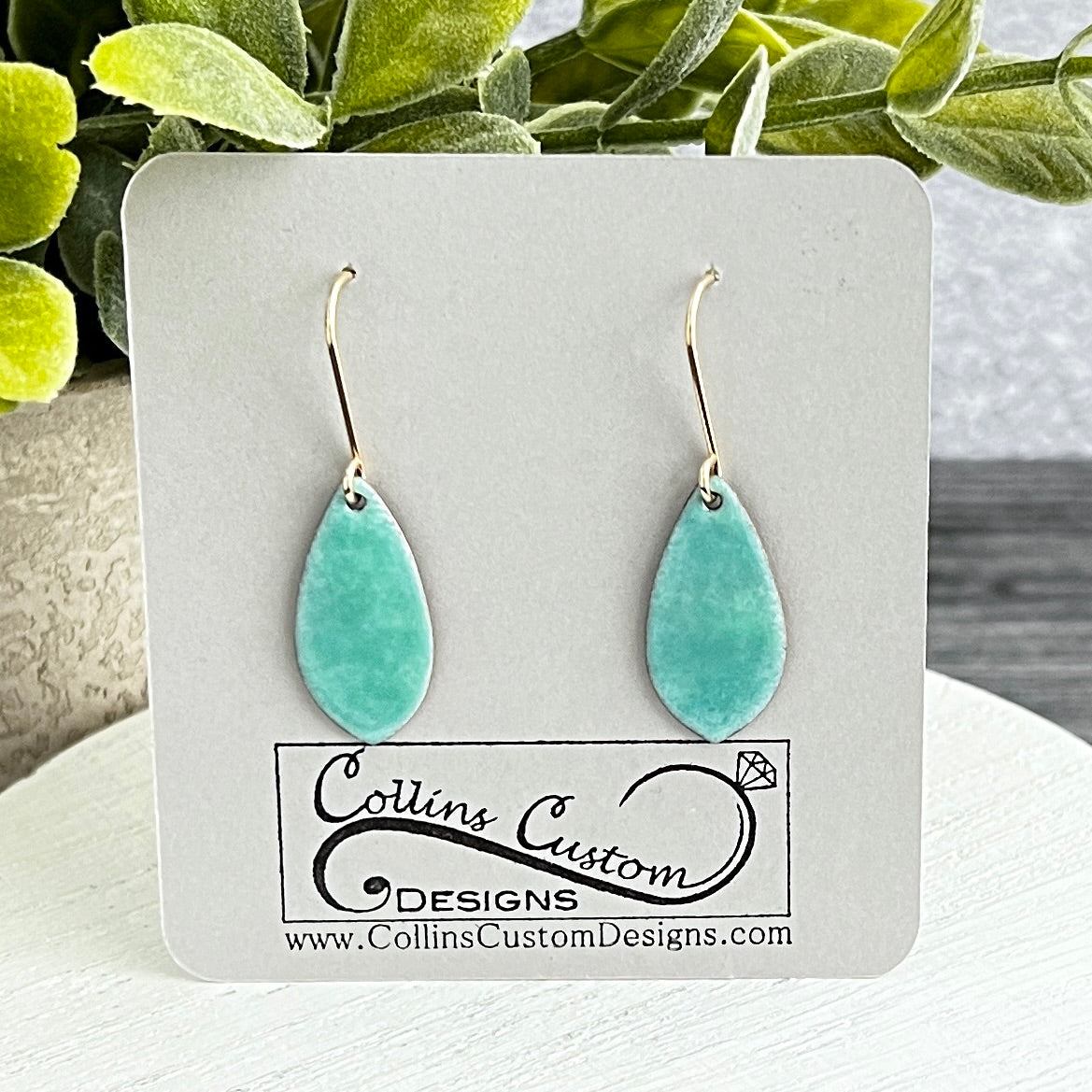 Small Pointed Teardrop Aqua Enamel Earrings