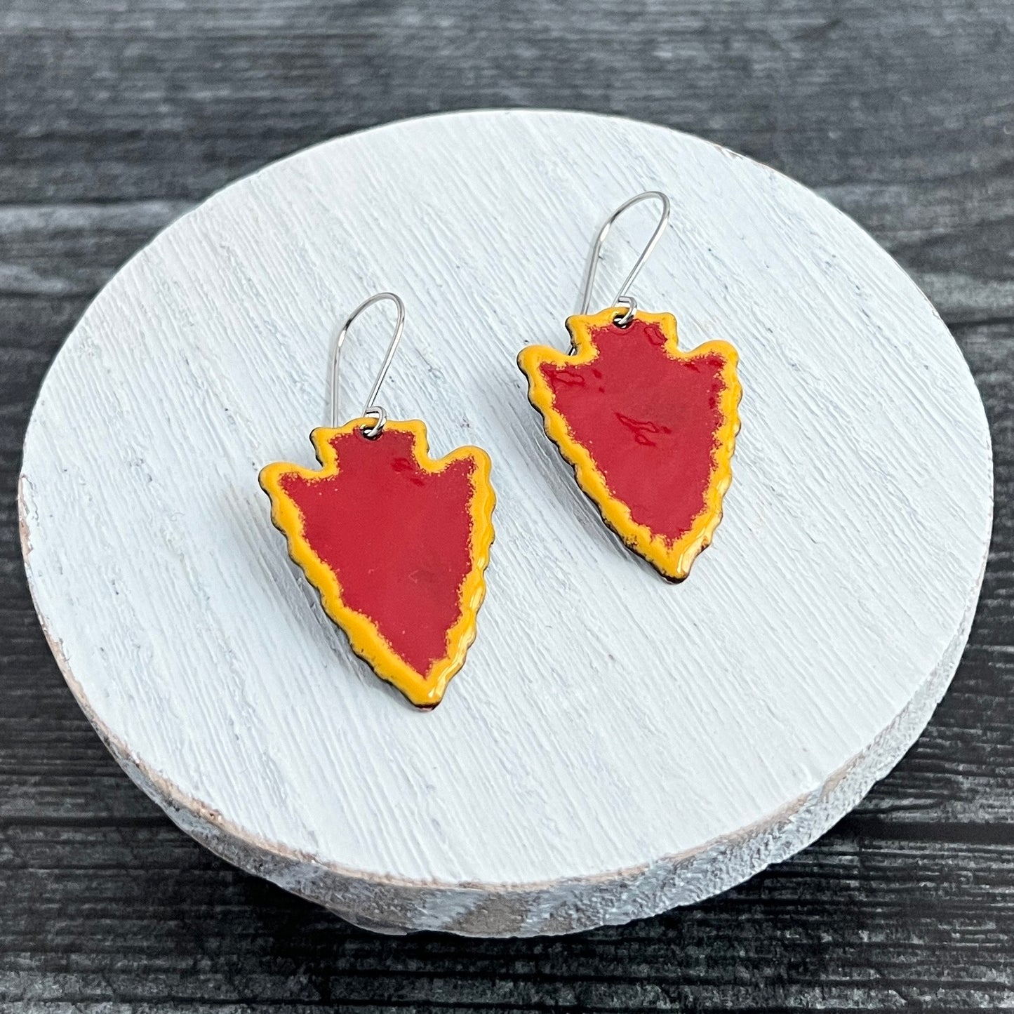 Enamel Arrowhead Earrings- Small Red & Yellow