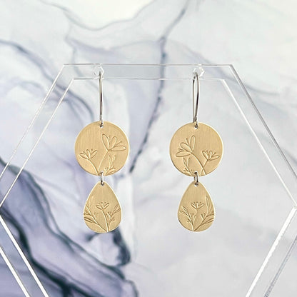 Brass Double Drop Hand Stamped Earrings With Flowers