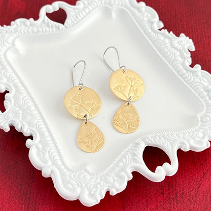 Brass Double Drop Hand Stamped Earrings With Flowers