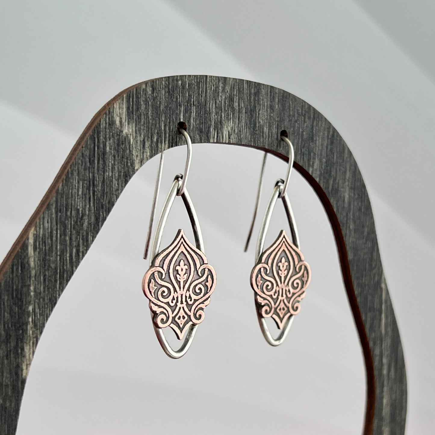 Sterling Silver Open Marquise Earrings With a Copper Cutout Design