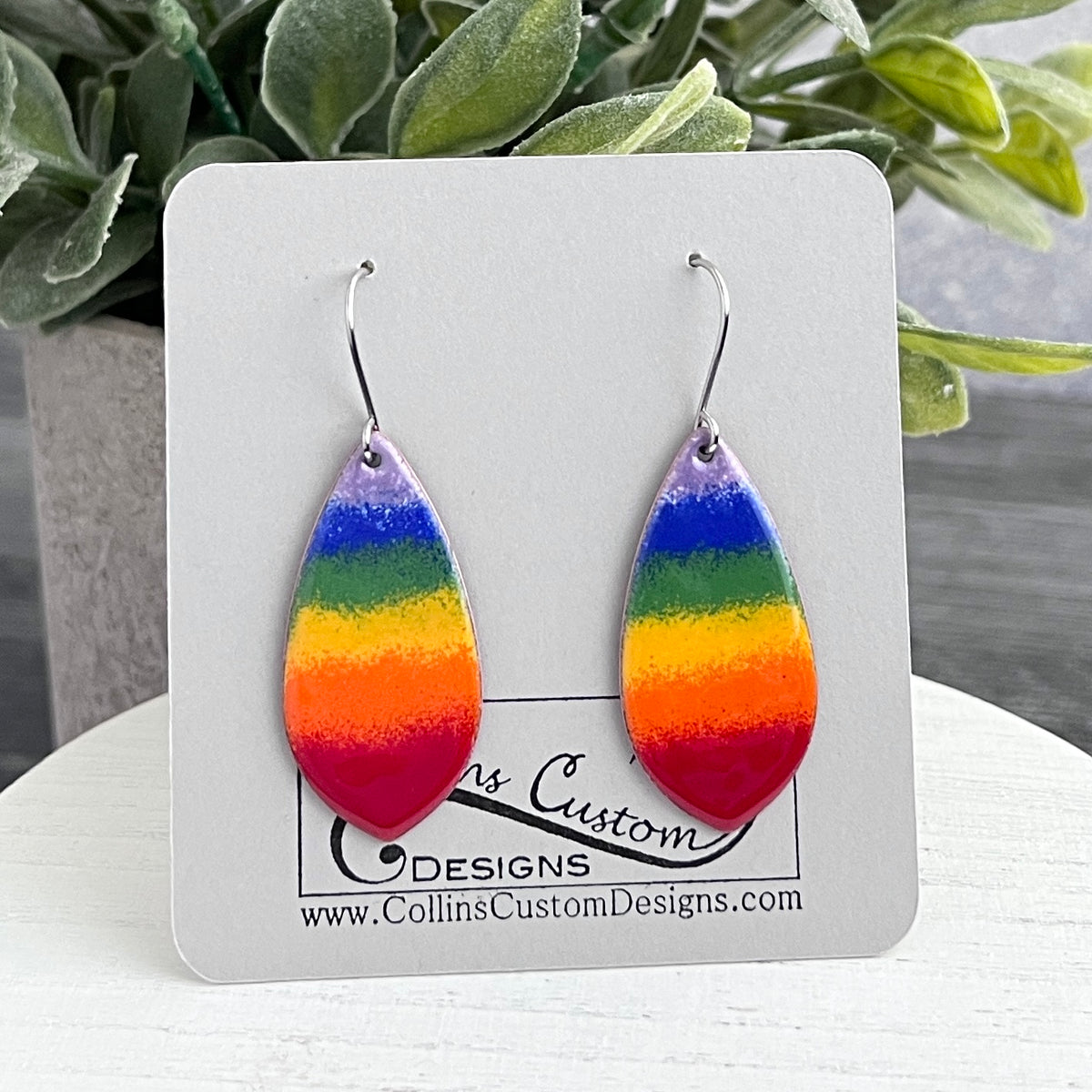 Pointed Teardrop Rainbow Striped Enamel Earrings