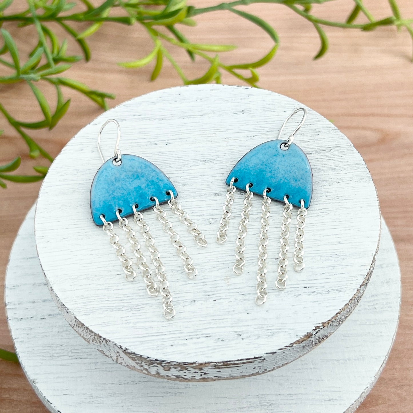 Enamel Earrings with Chain Fringe