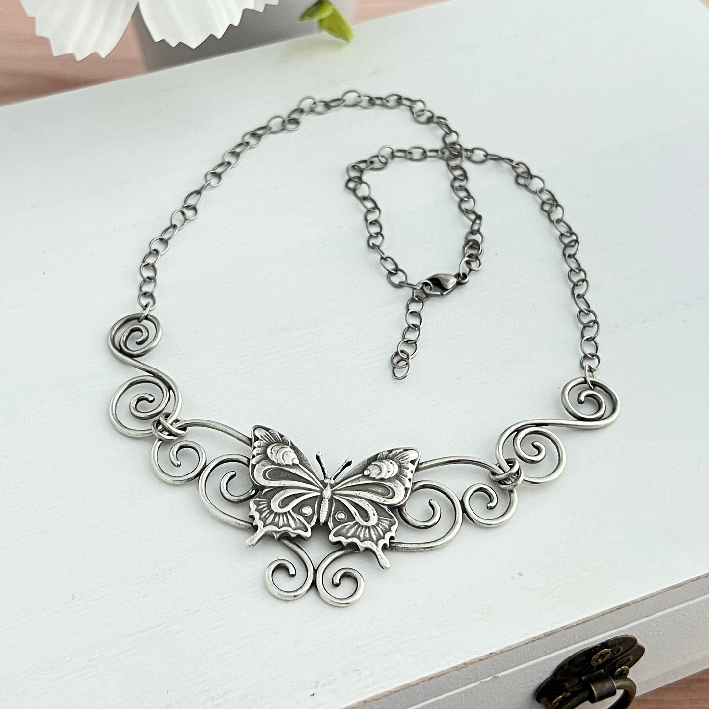 Sterling Silver Butterfly Swirl Statement Necklace