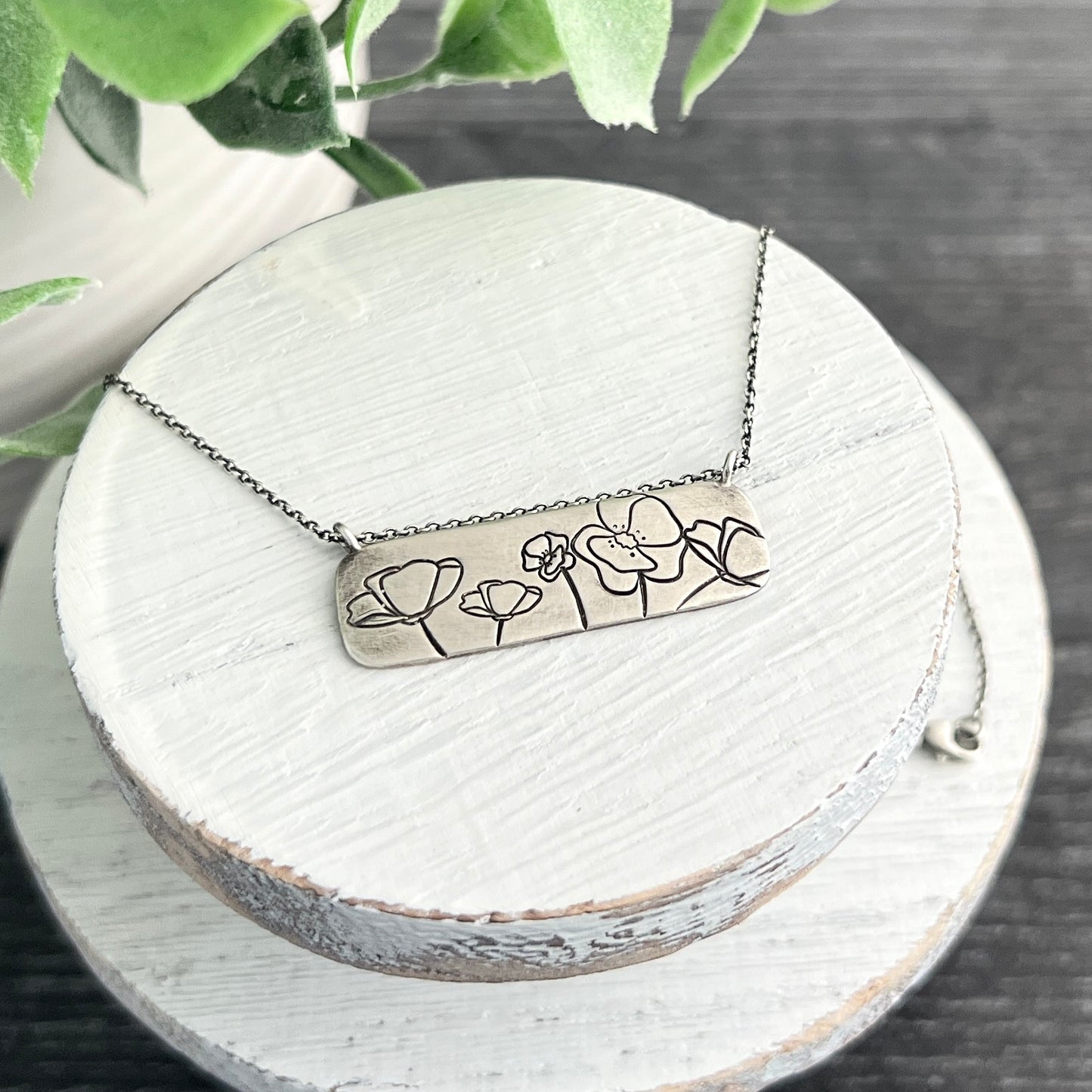 Sterling Silver Hand Stamped Long Bar Necklace