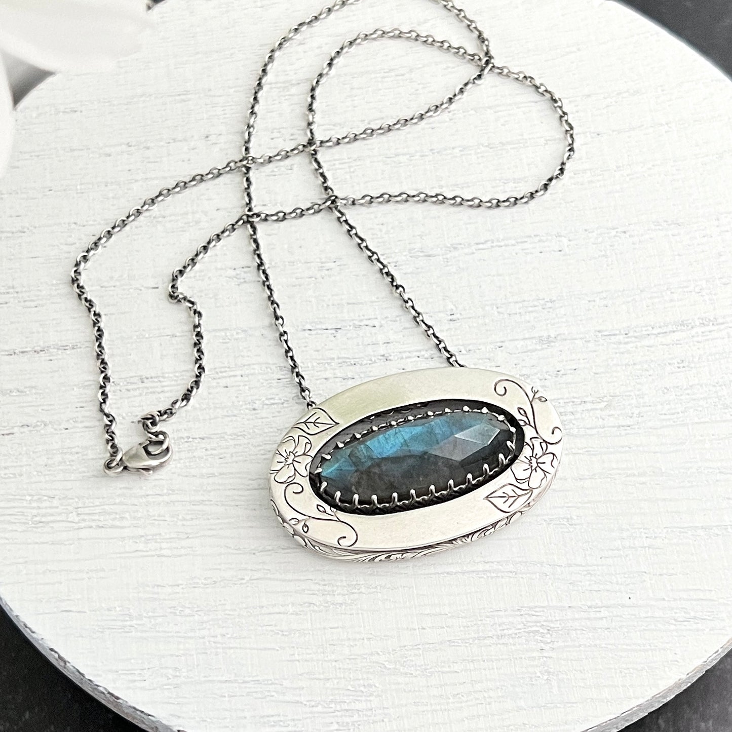 Hand Stamped Sterling Silver Oval Frame Labradorite Necklace