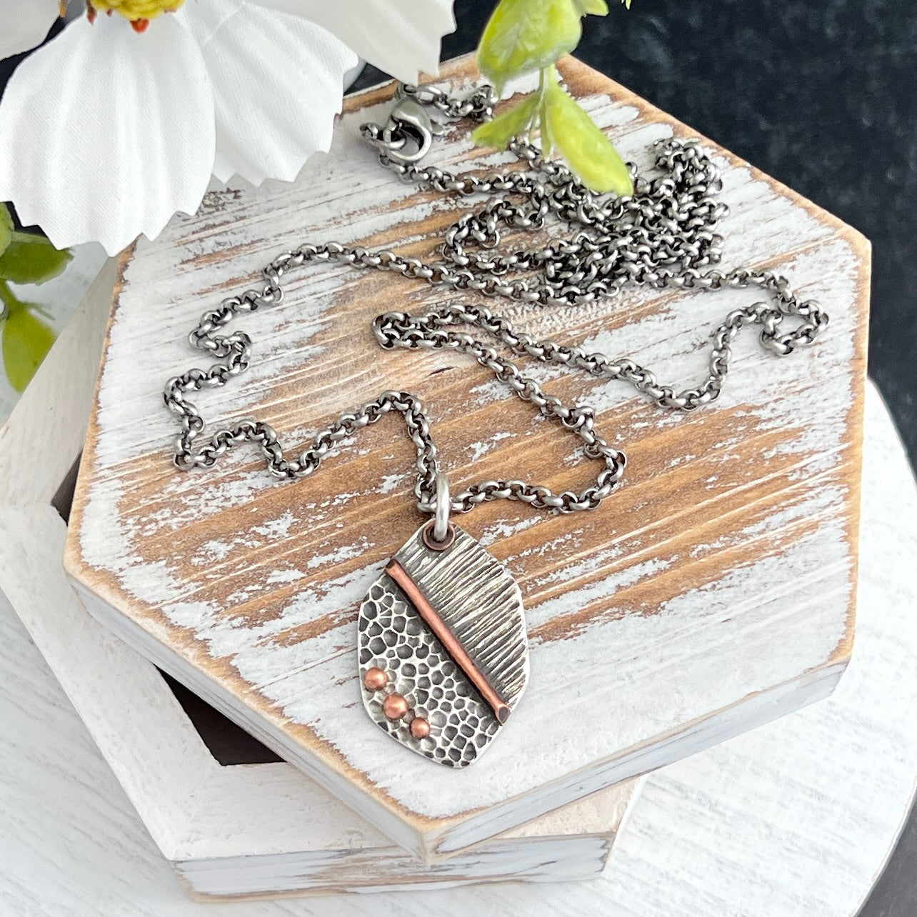 Mixed Texture Freeform Sterling Silver Pendant with Copper Accents