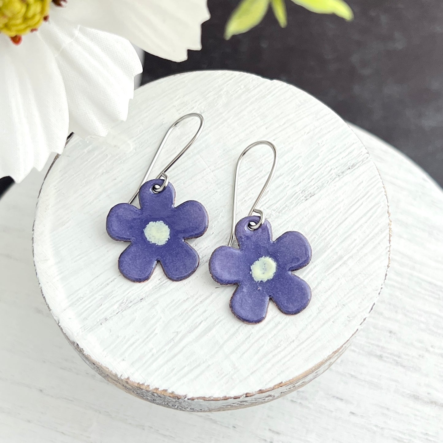 Rounded Five Petal Enamel Flower Earrings
