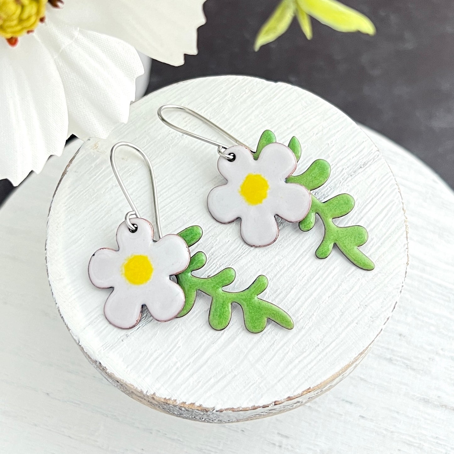 Enamel Flower Earrings with a Back Layer of Leaves