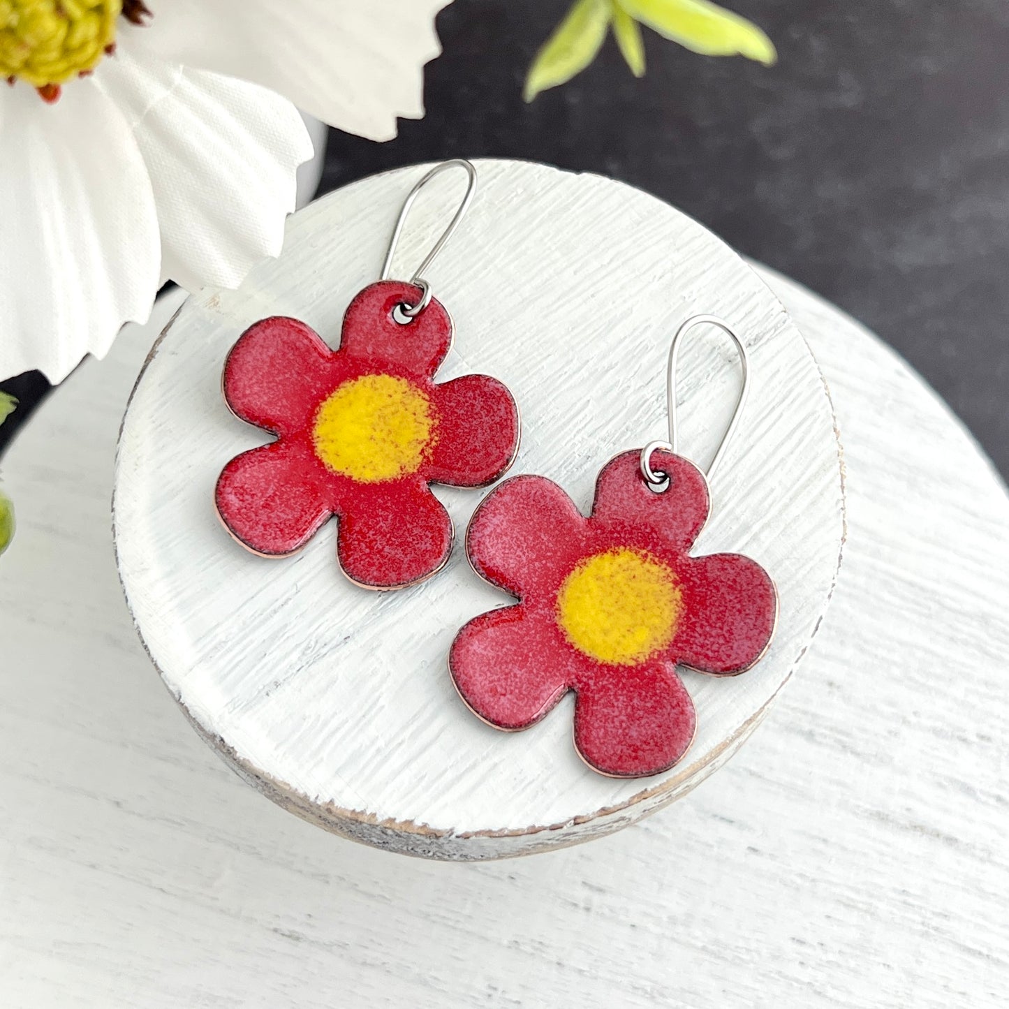Rounded Five Petal Enamel Flower Earrings
