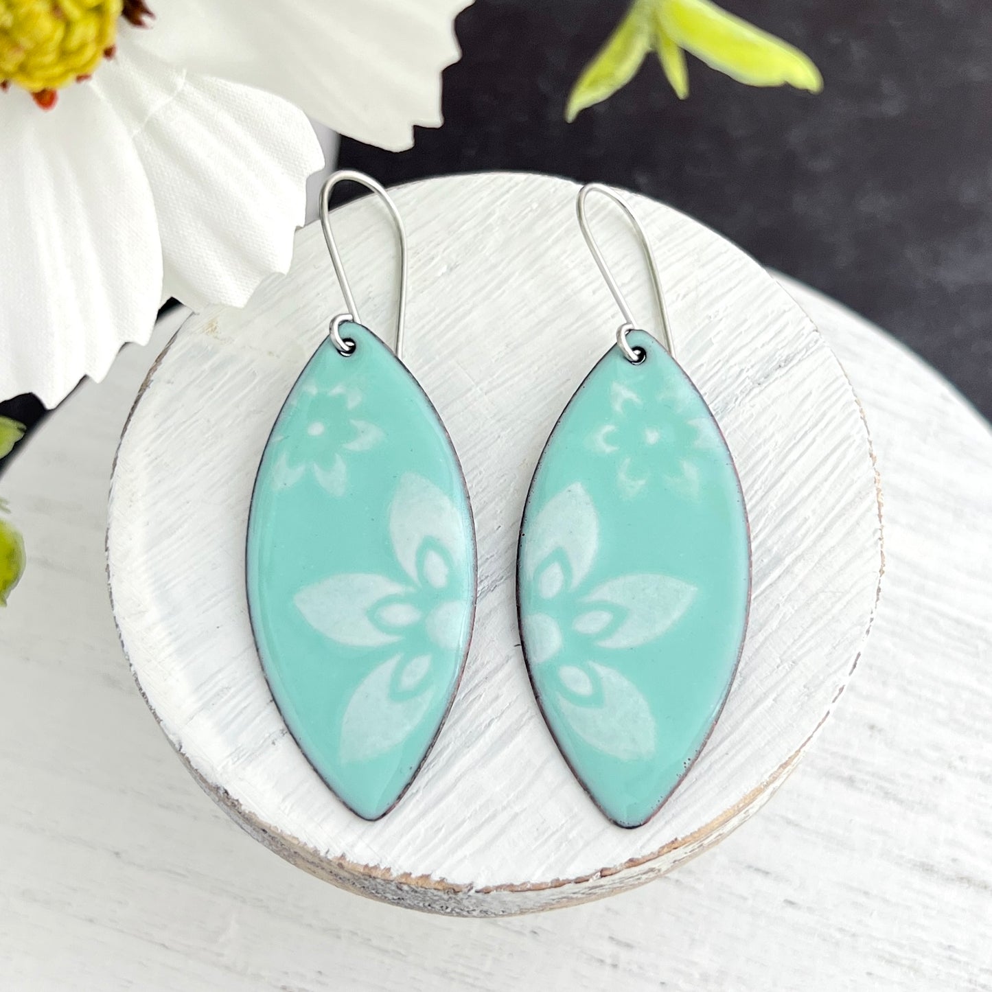 Enamel Marquise Earrings with Stenciled Flowers