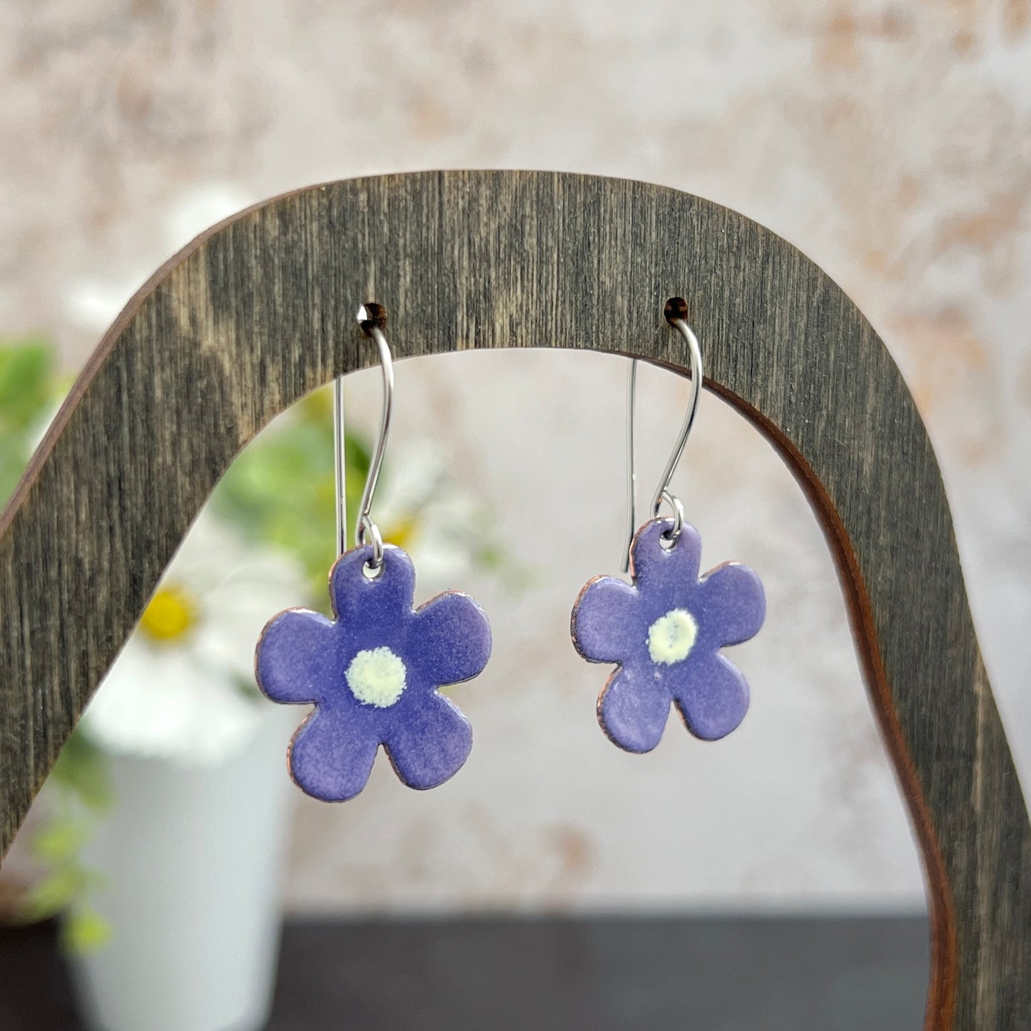 Rounded Five Petal Enamel Flower Earrings