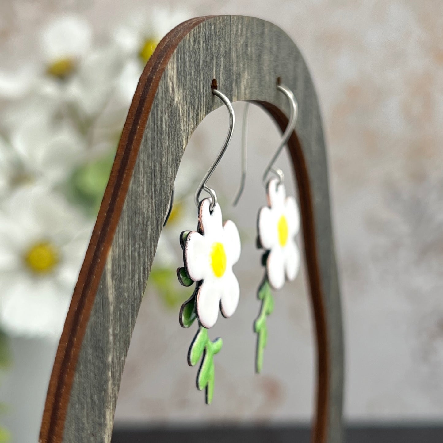 Enamel Flower Earrings with a Back Layer of Leaves