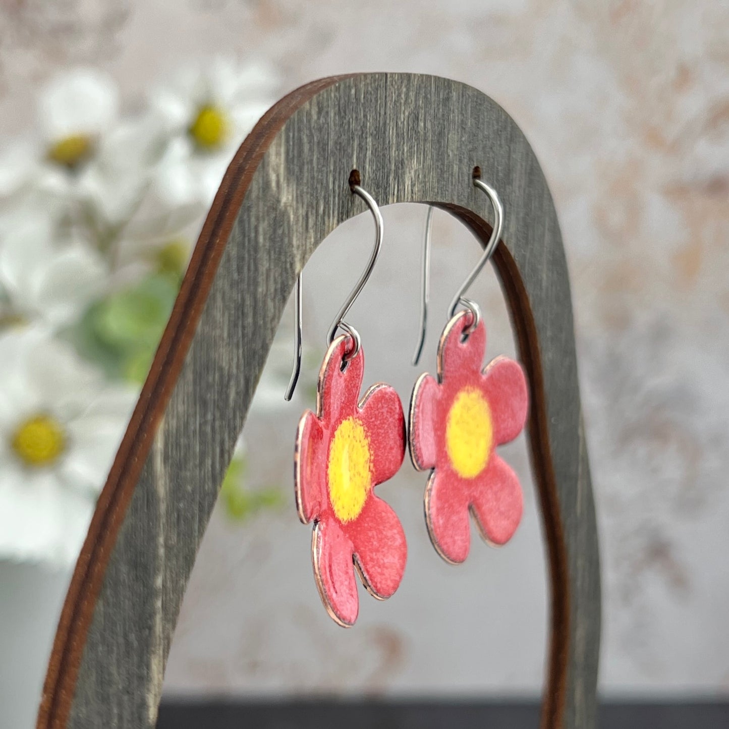 Rounded Five Petal Enamel Flower Earrings