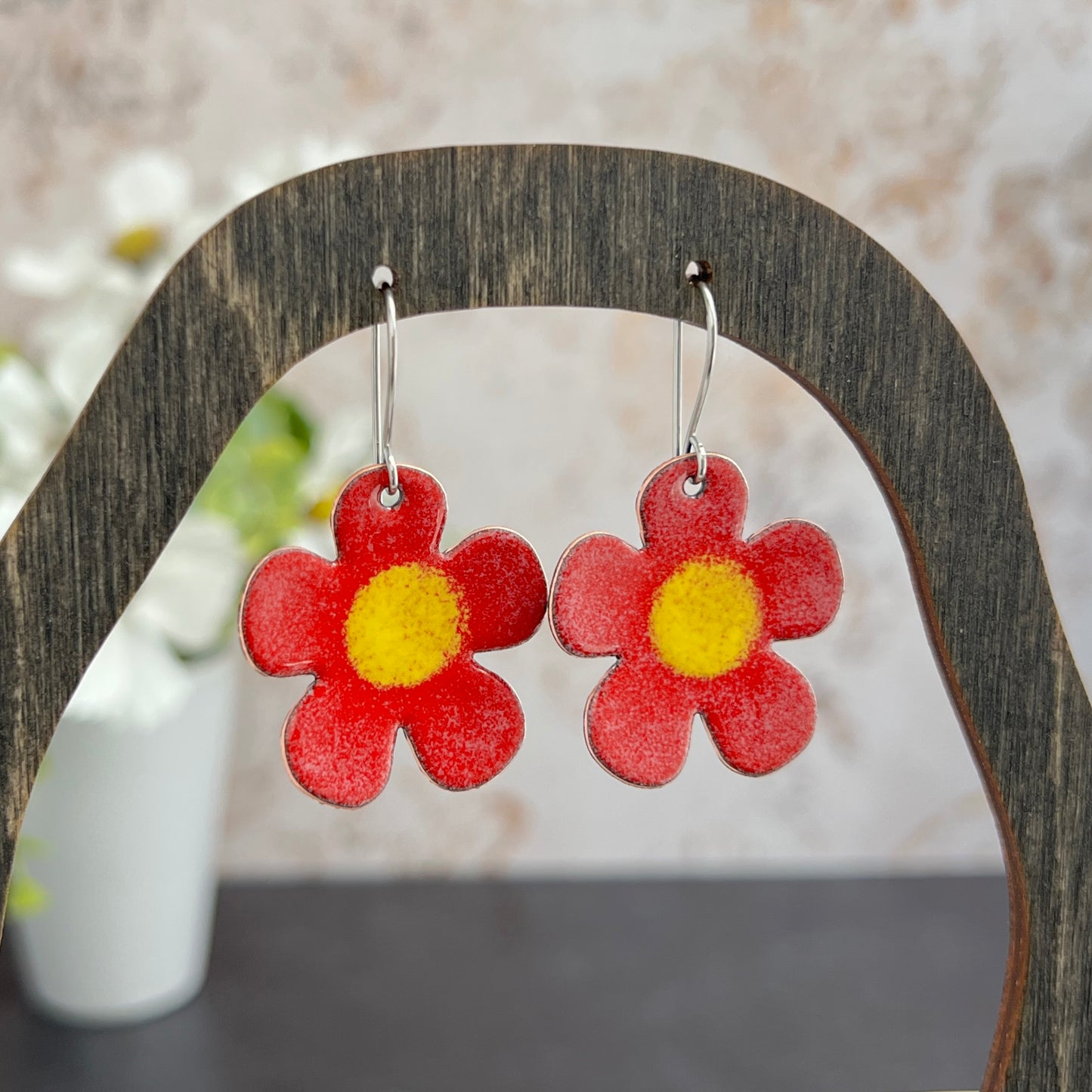 Rounded Five Petal Enamel Flower Earrings