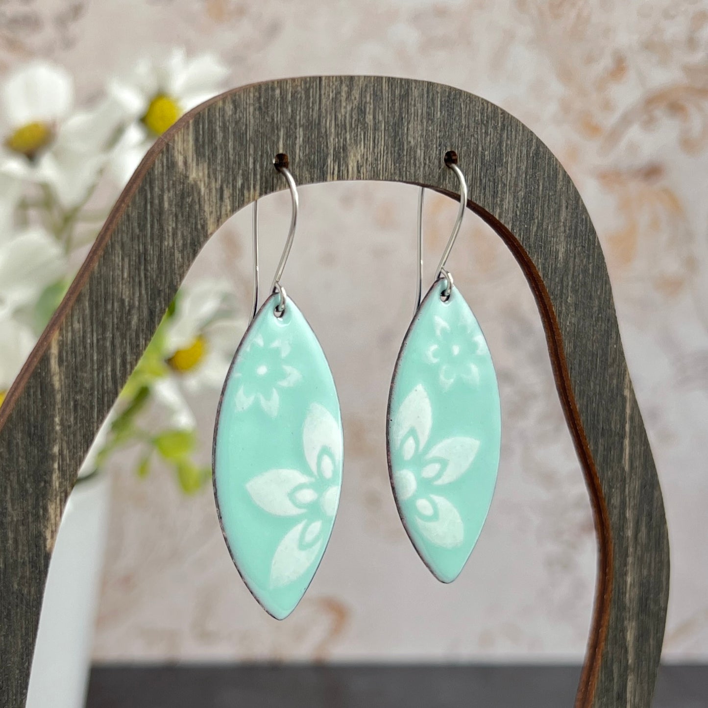Enamel Marquise Earrings with Stenciled Flowers