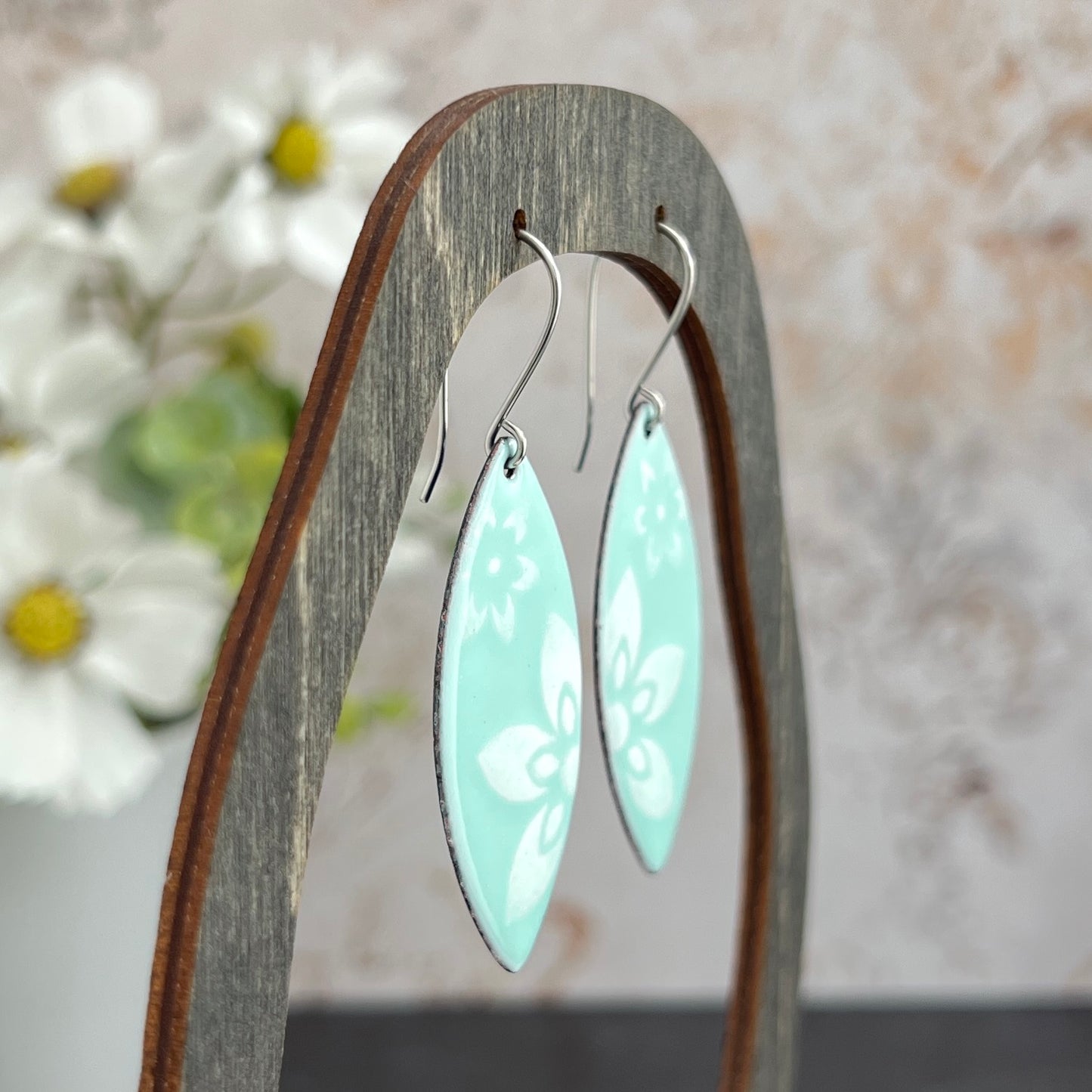 Enamel Marquise Earrings with Stenciled Flowers