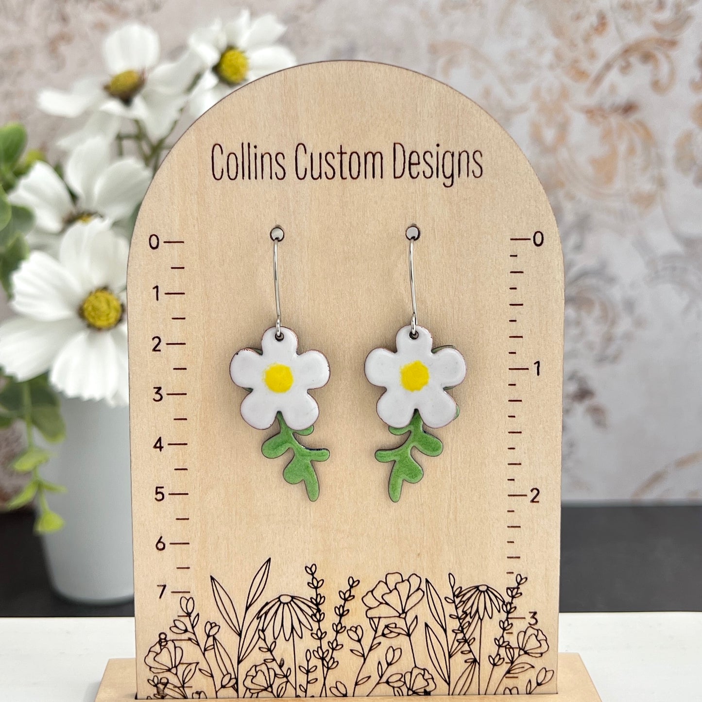 Enamel Flower Earrings with a Back Layer of Leaves