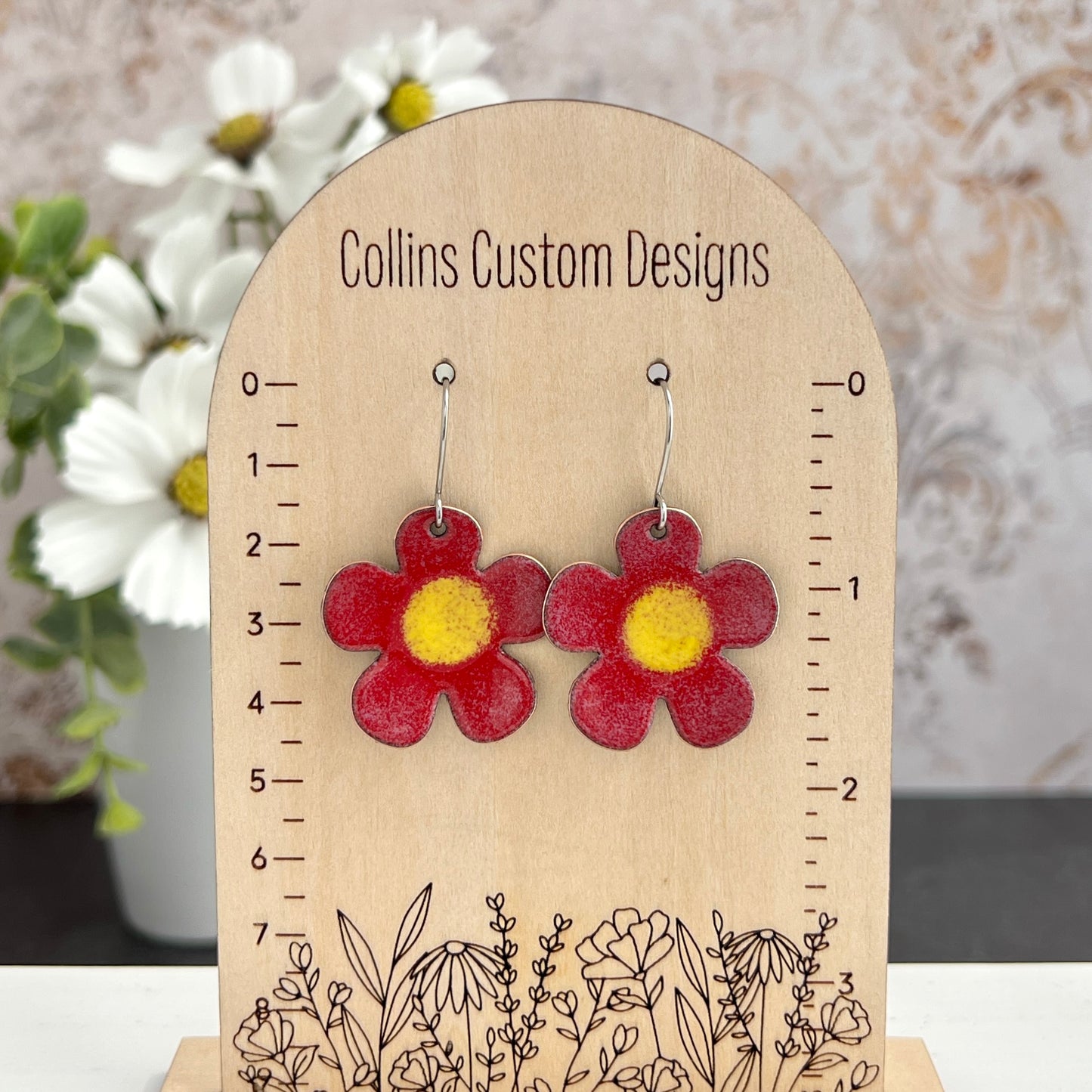 Rounded Five Petal Enamel Flower Earrings