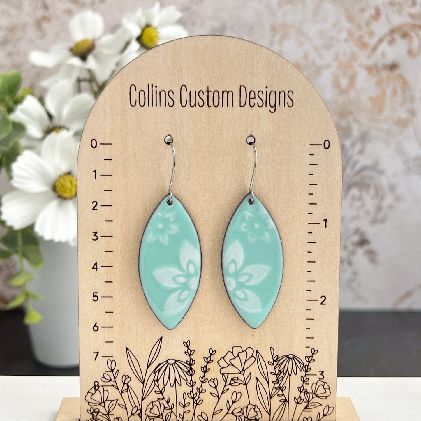 Enamel Marquise Earrings with Stenciled Flowers
