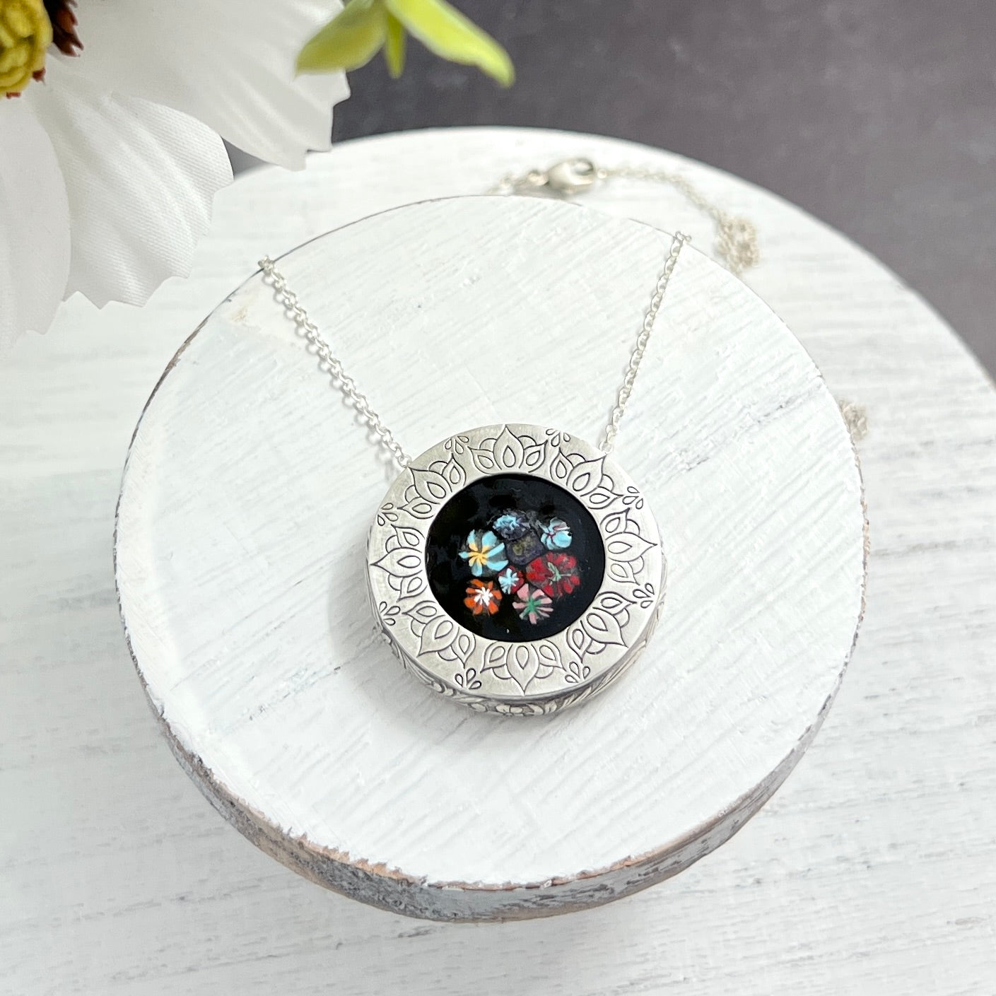 Hand Stamped Sterling Silver Frame Necklace with Floral Enamel Centerpiece