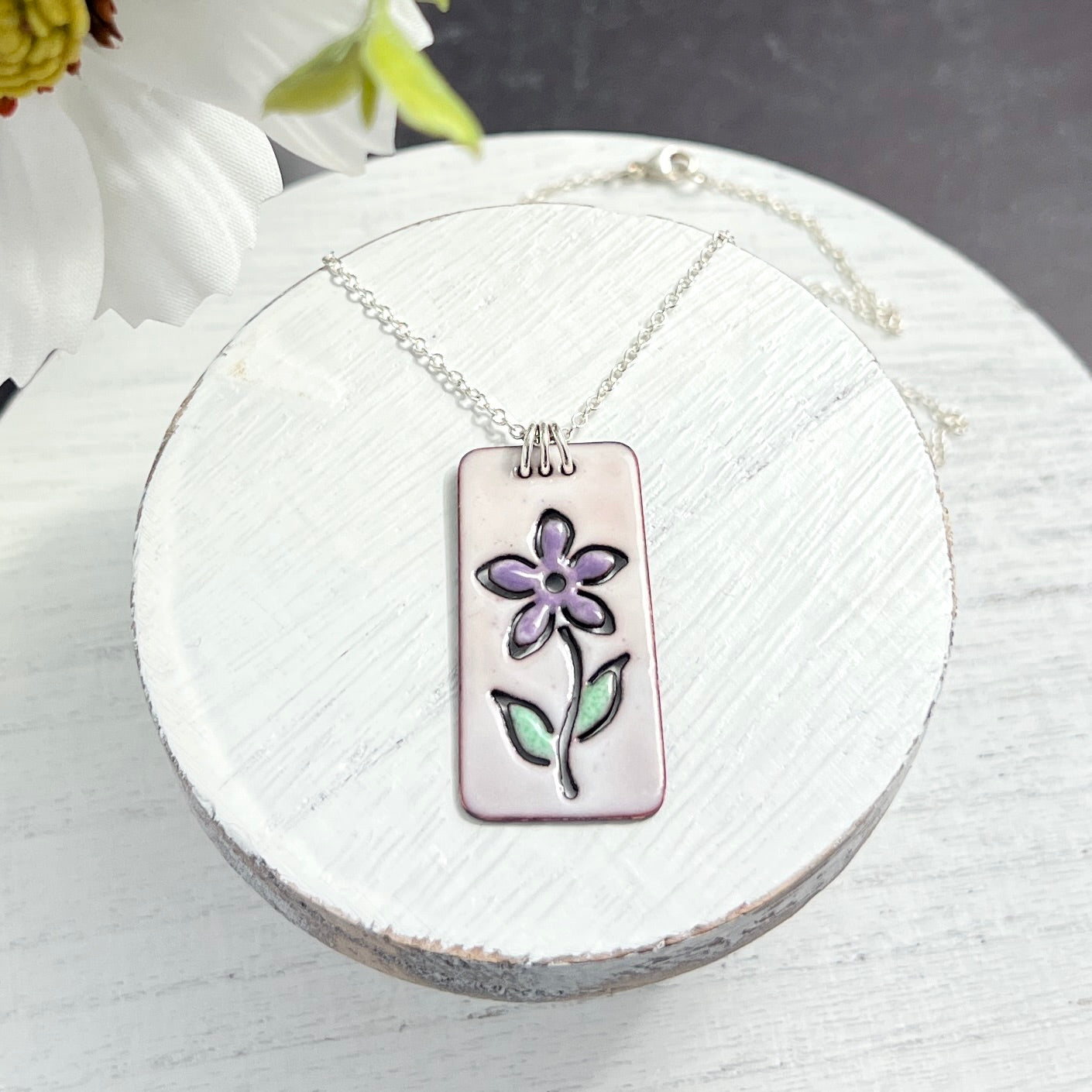 Rectangular Enamel Necklace with Open Outlined Flower