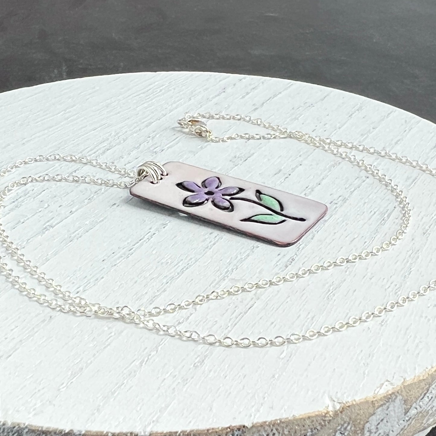 Rectangular Enamel Necklace with Open Outlined Flower