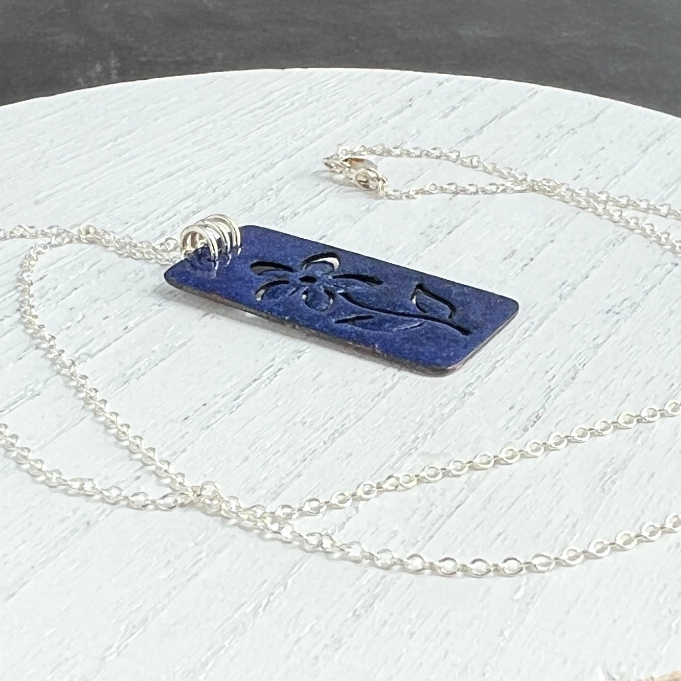 Rectangular Enamel Necklace with Open Outlined Flower