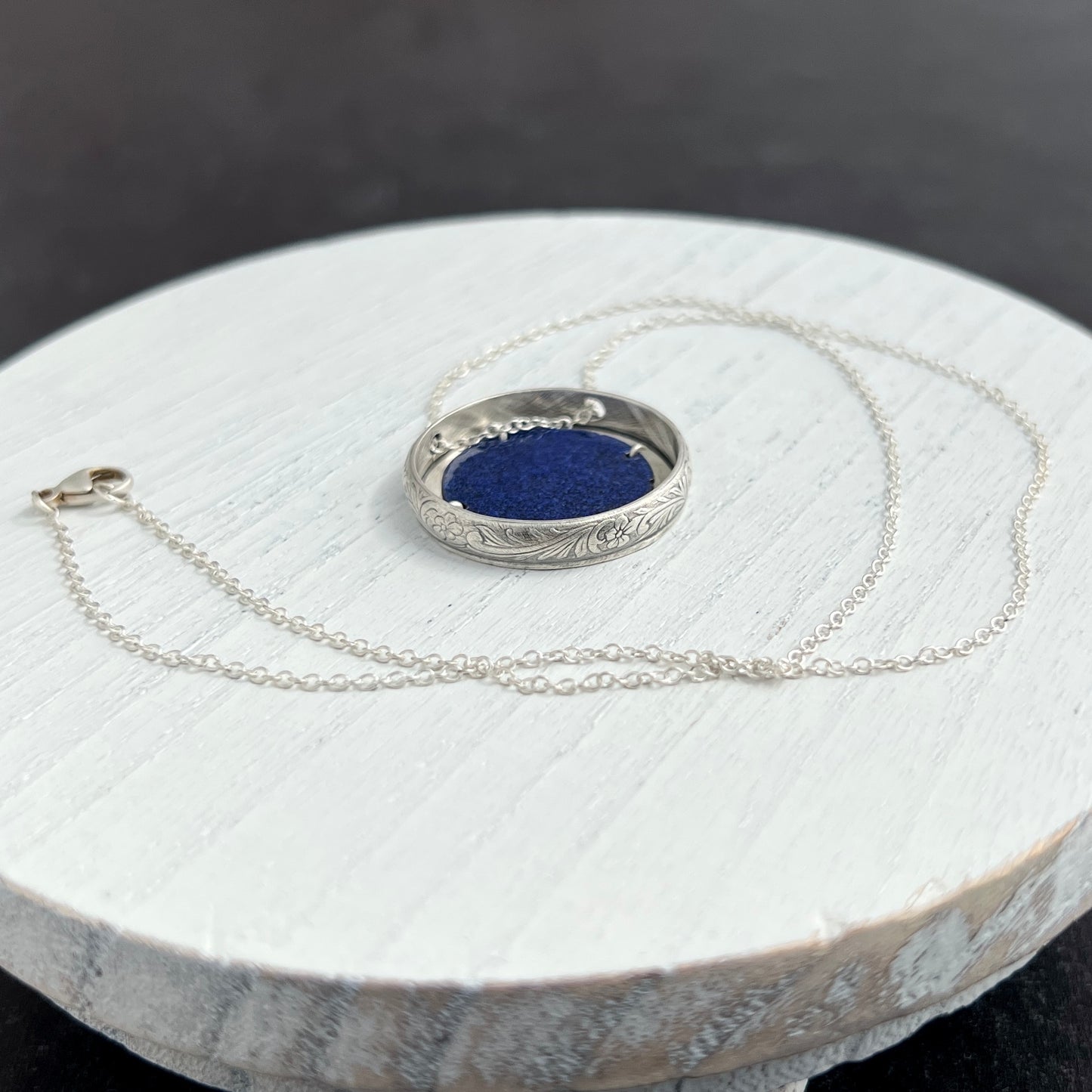 Hand Stamped Sterling Silver Frame Necklace with Floral Enamel Centerpiece