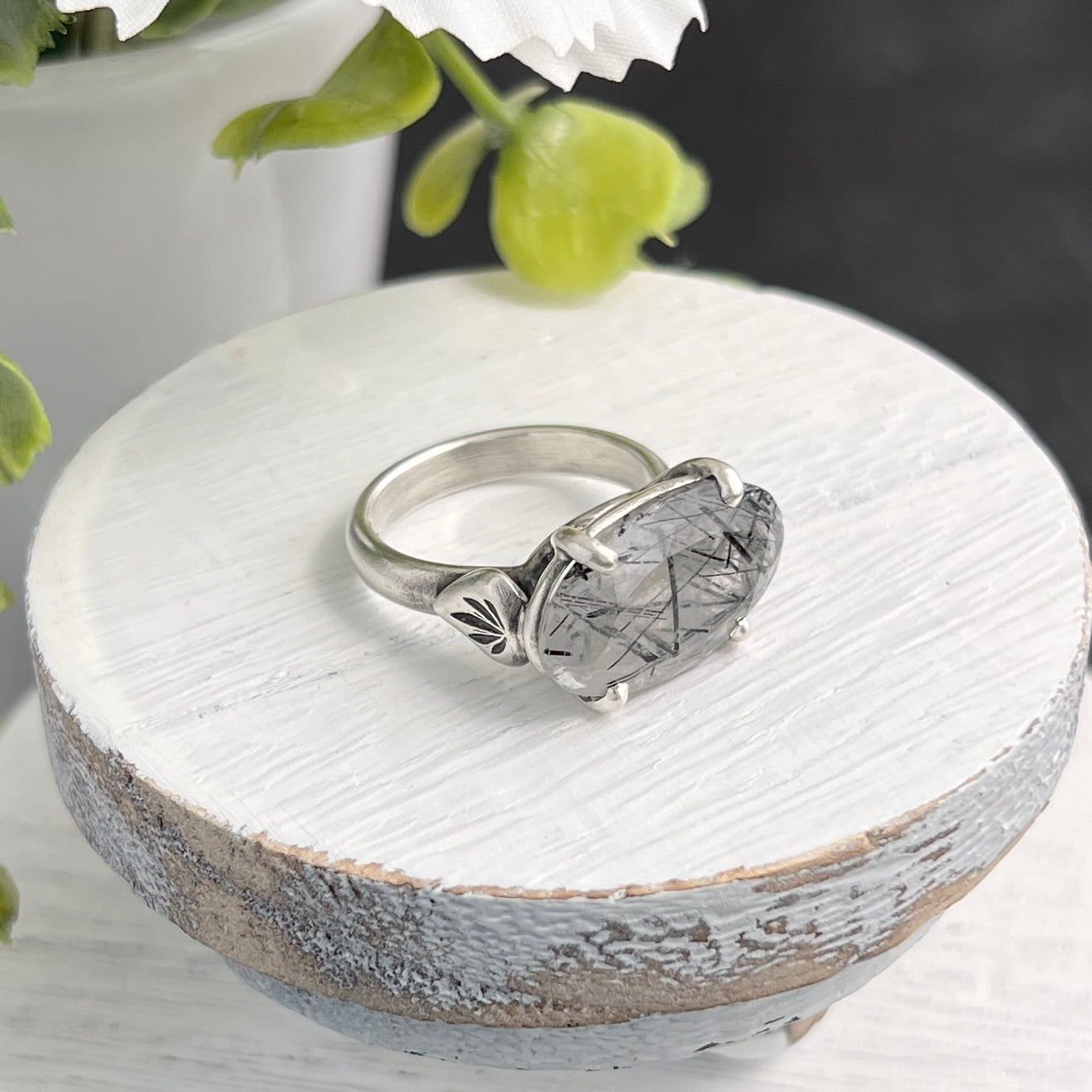 Sterling Silver Oval Saddle Set Black Tourmalinated Quartz Ring
