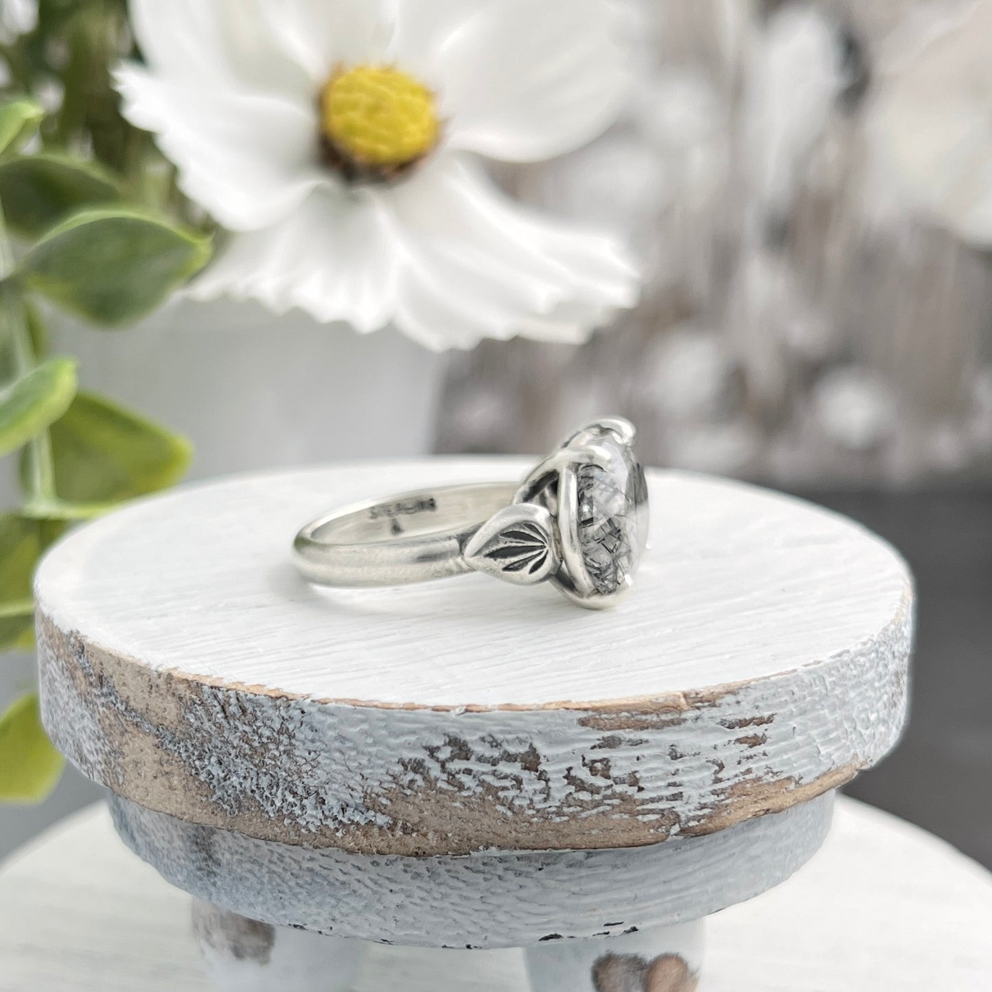 Sterling Silver Oval Saddle Set Black Tourmalinated Quartz Ring