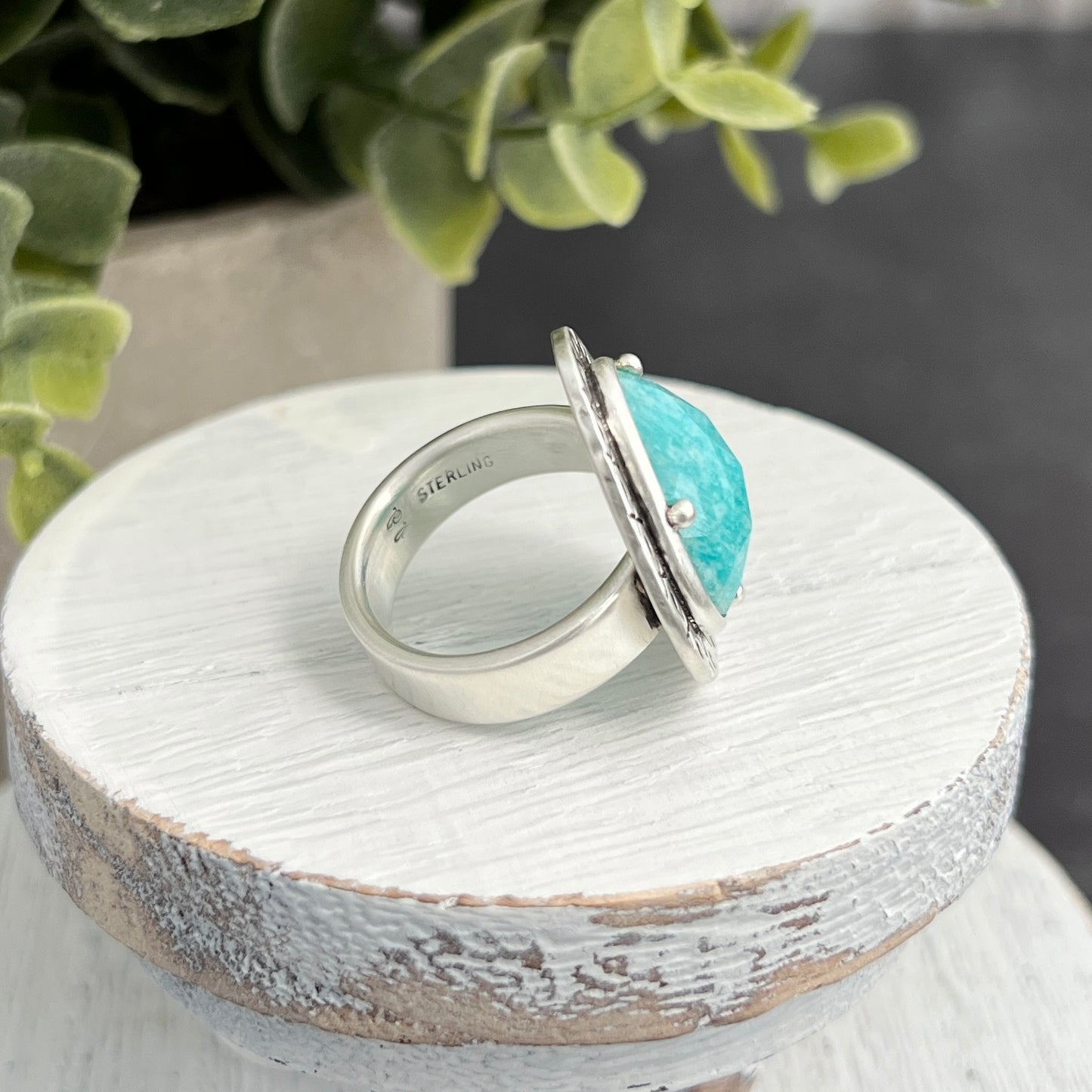 Sterling Silver Amazonite Ring with Decorative Frame