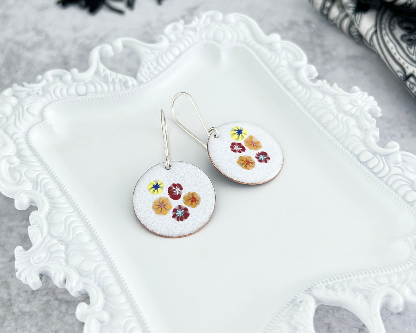 Round Enamel Earrings With Floral Centers
