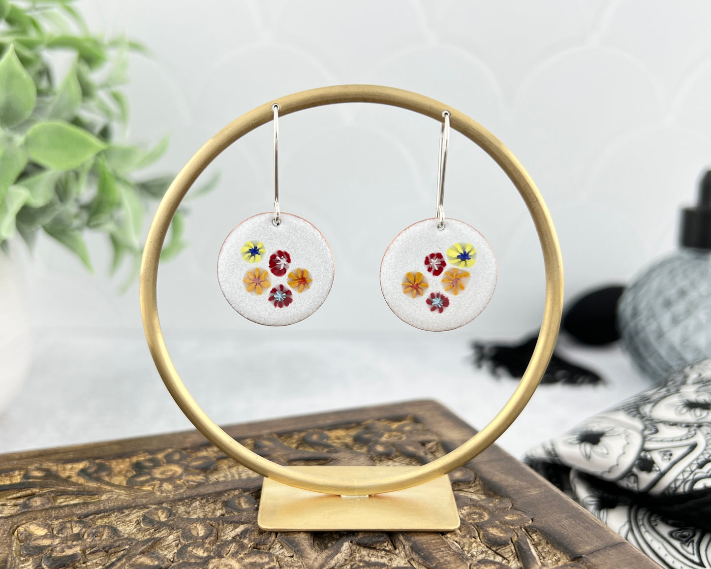 Round Enamel Earrings With Floral Centers