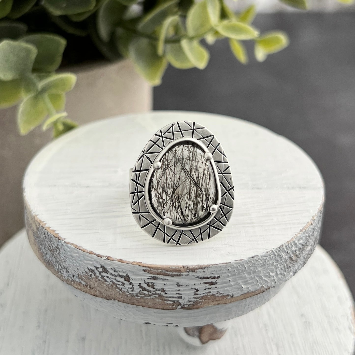 Sterling Silver Black Tourmalinated Quartz Ring with Abstract Stamped Frame