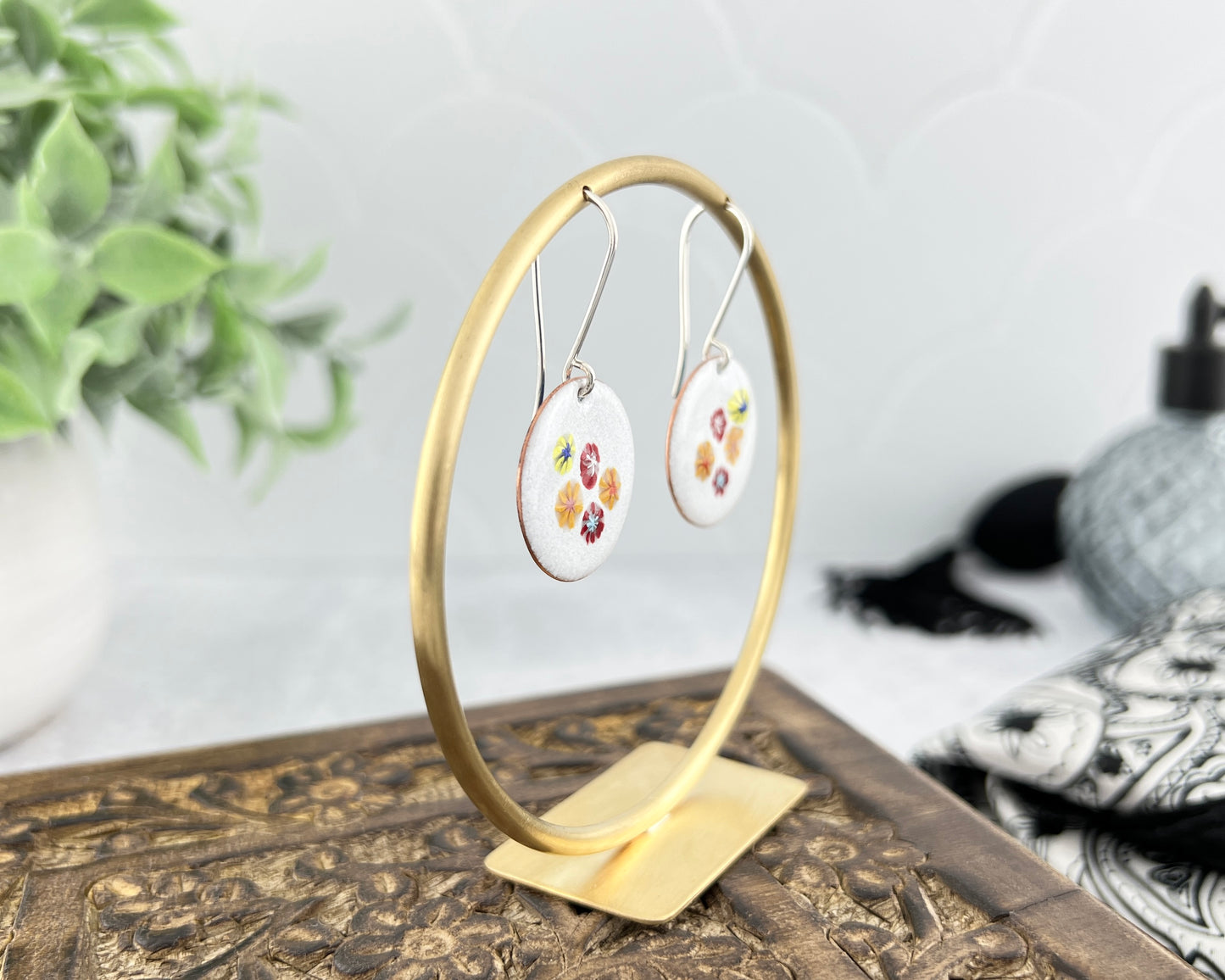 Round Enamel Earrings With Floral Centers