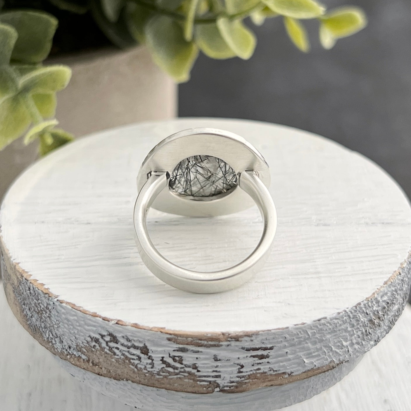 Sterling Silver Black Tourmalinated Quartz Ring with Abstract Stamped Frame