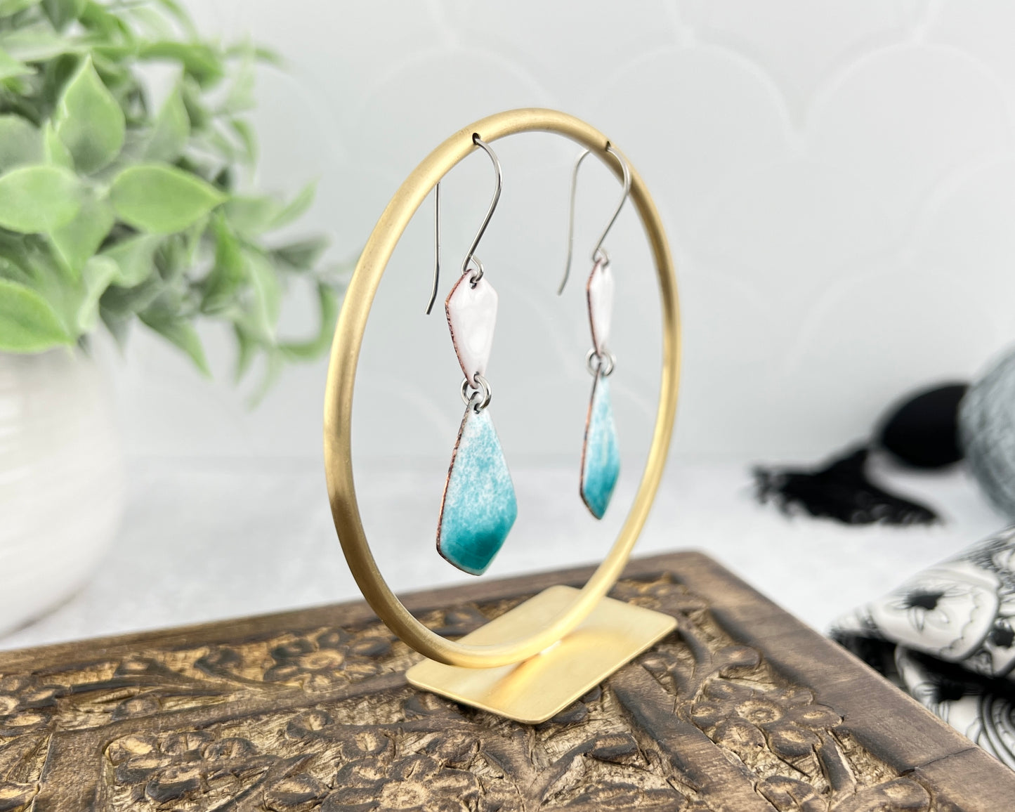 Enamel Diamond Teardrop Dangle Earrings
