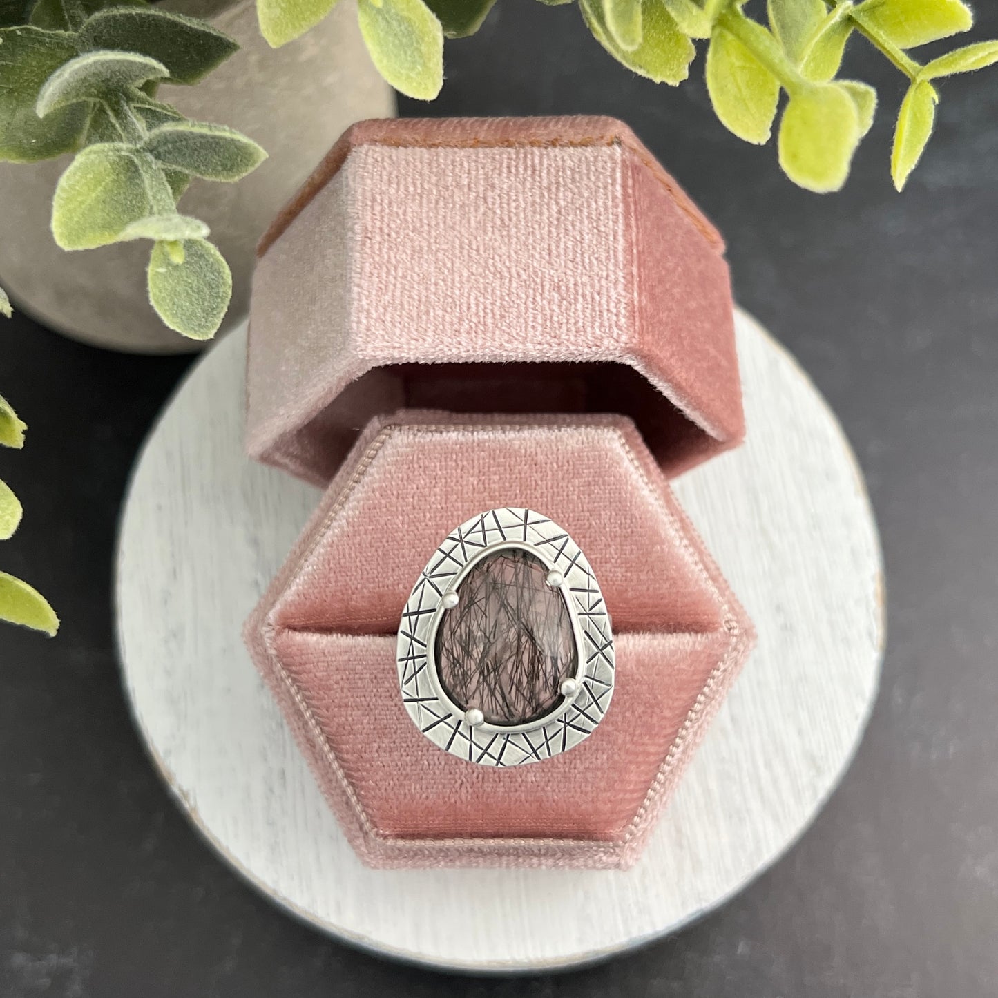 Sterling Silver Black Tourmalinated Quartz Ring with Abstract Stamped Frame