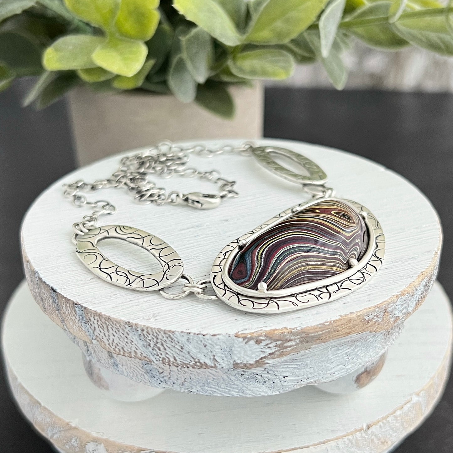 Fordite Necklace with Hand Stamped Centerpiece Links