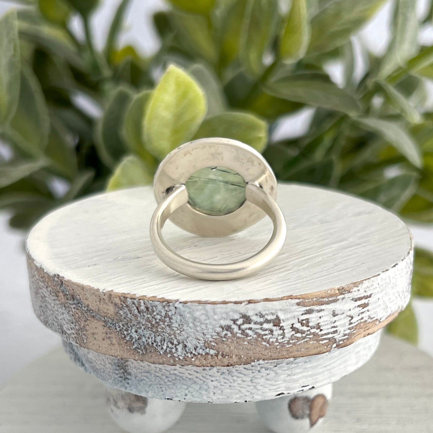 Sterling Silver Prehenite Ring with Abstract Stamped Frame