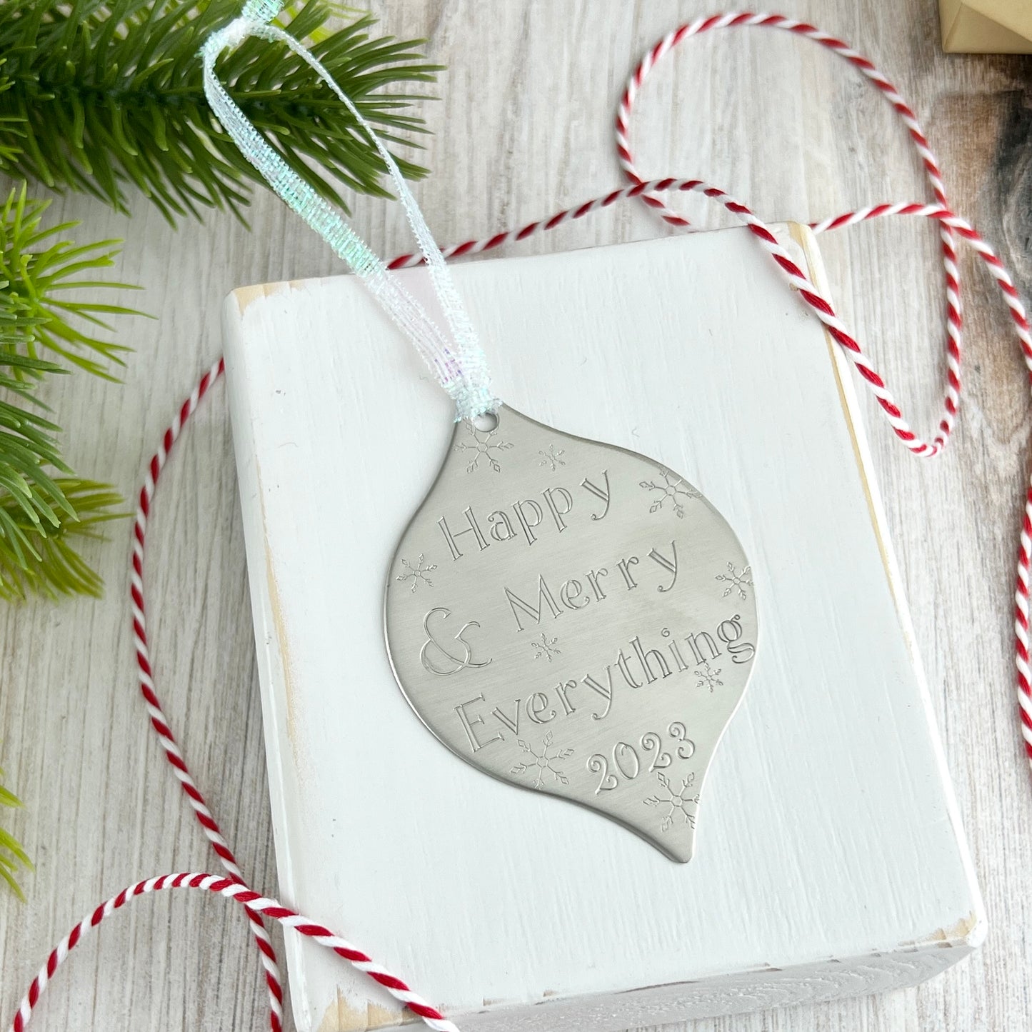 Hand Stamped Bulb Ornament With Pointed Top and Bottom