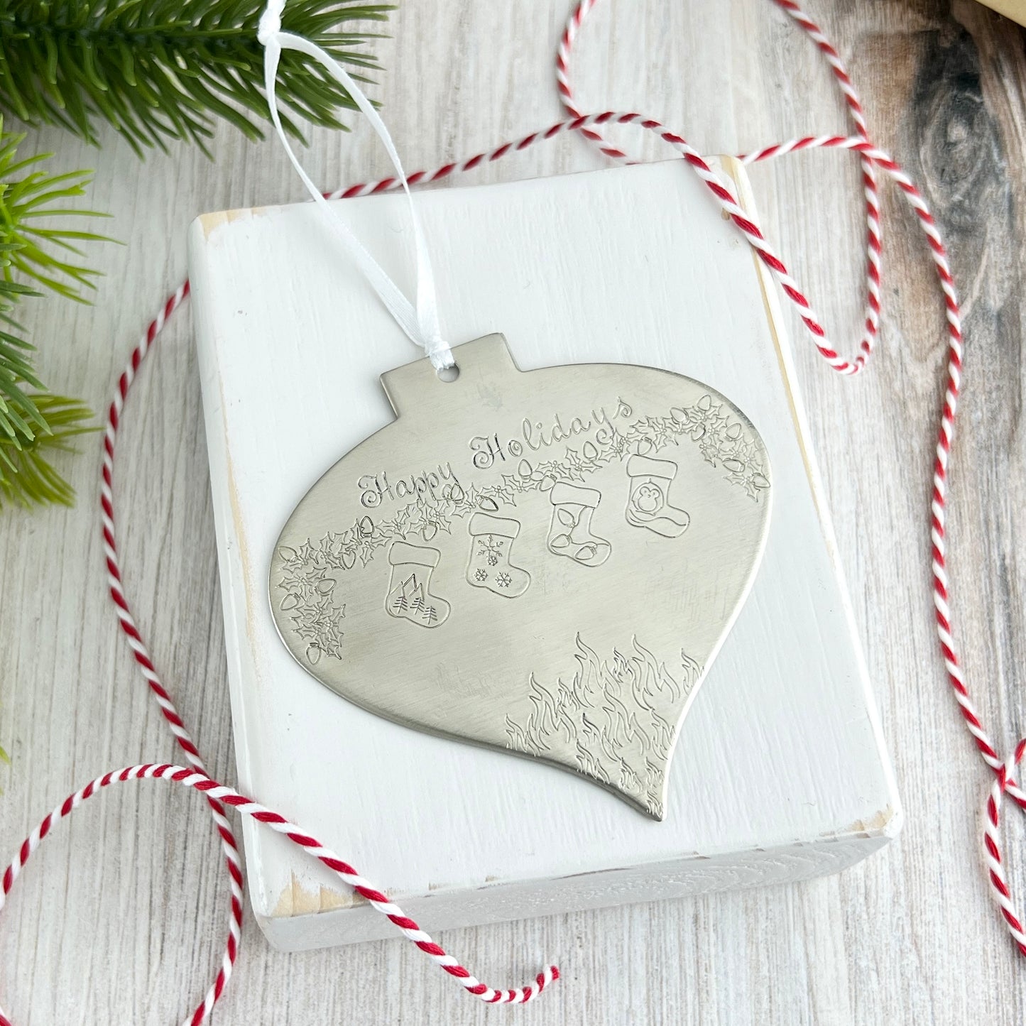 Wide Pointed Bulb Ornament With Hand Stamped Design