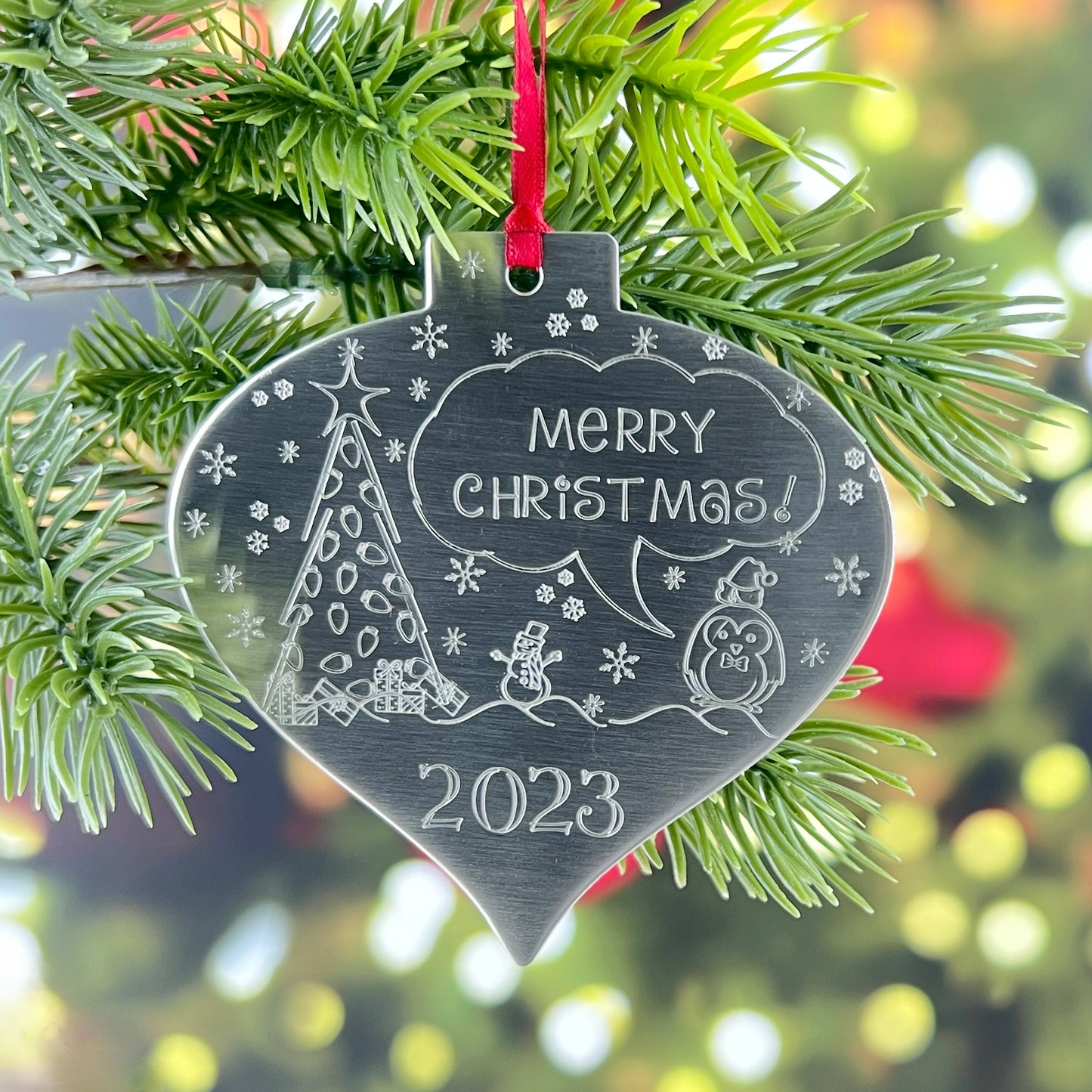 Wide Pointed Bulb Ornament With Hand Stamped Design