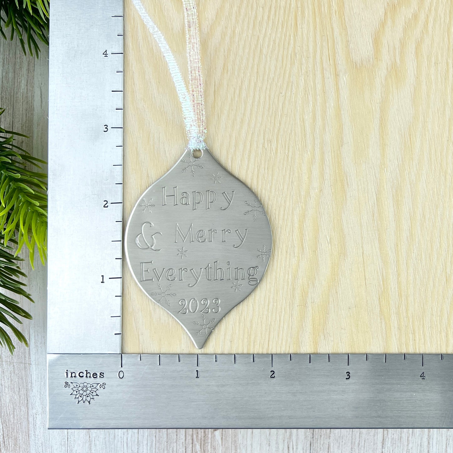 Hand Stamped Bulb Ornament With Pointed Top and Bottom