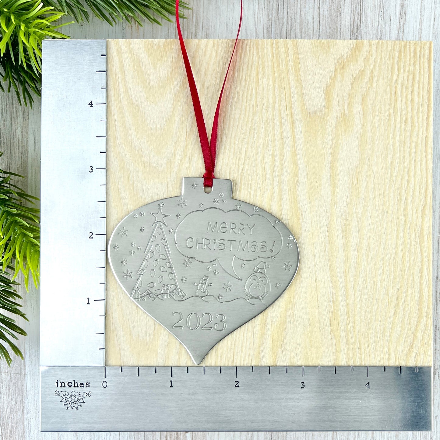 Wide Pointed Bulb Ornament With Hand Stamped Design