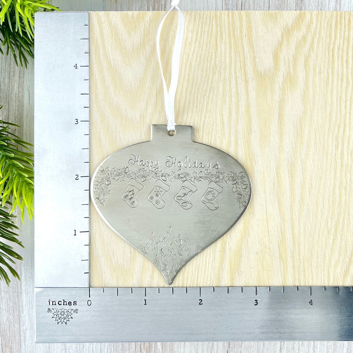 Wide Pointed Bulb Ornament With Hand Stamped Design