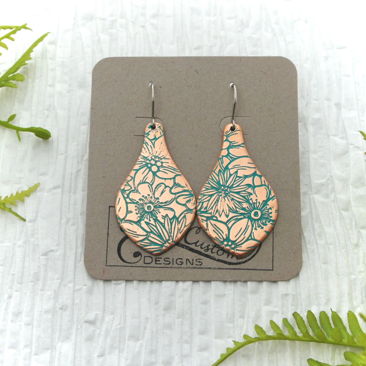 Large Floral Patterned Copper Drop Earrings