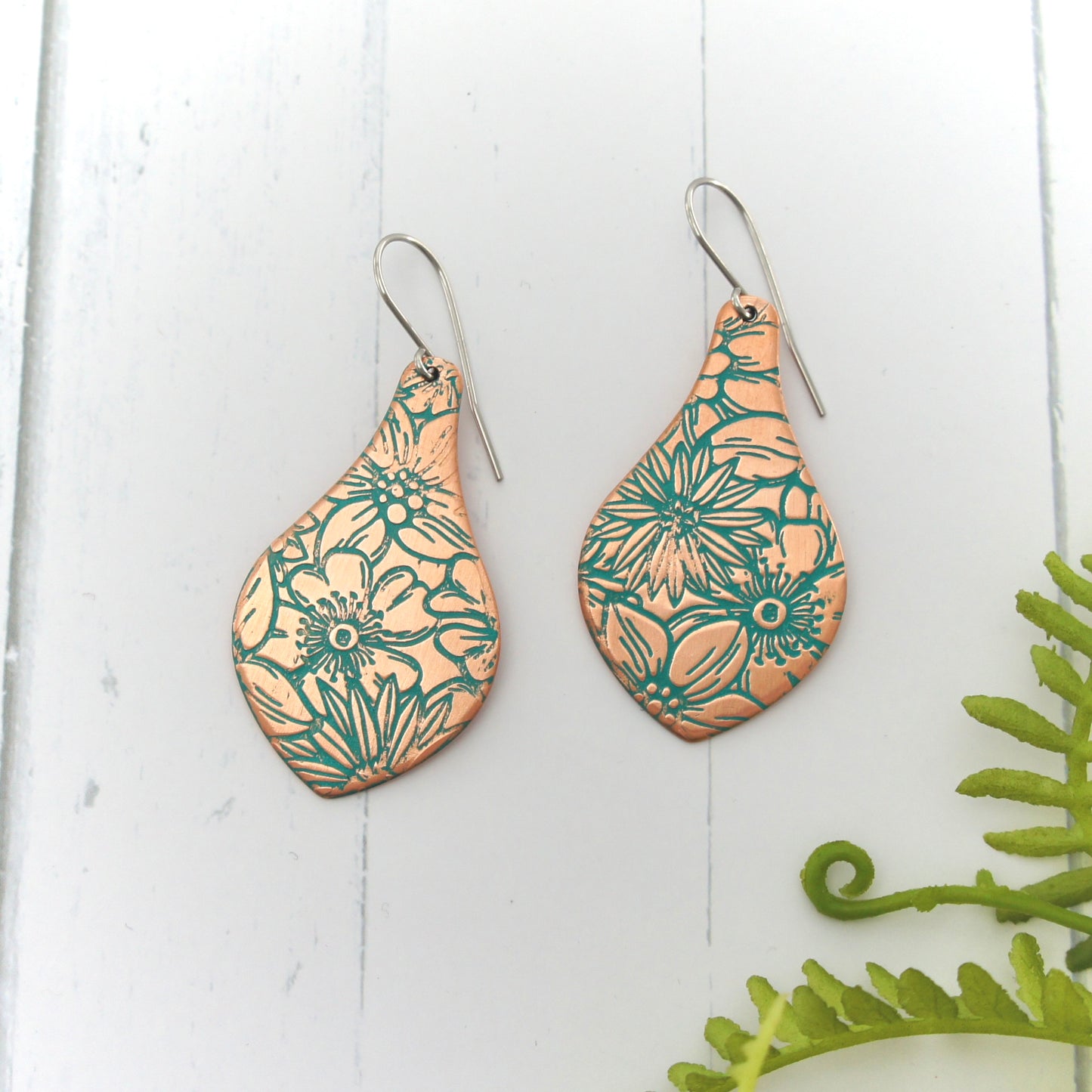 Large Floral Patterned Copper Drop Earrings